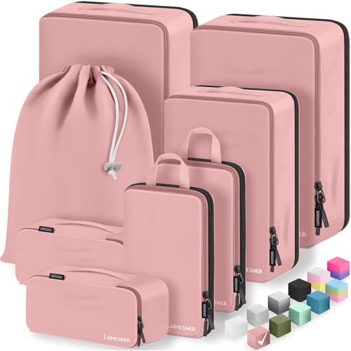 8 Set Compression Packing Cubes for Travel, Waterproof Luggage Organizers, Suitcase Organizer Set for Carry-On & Checked Baggage, Travel Accessories for Men & Women - color: 04-Pink