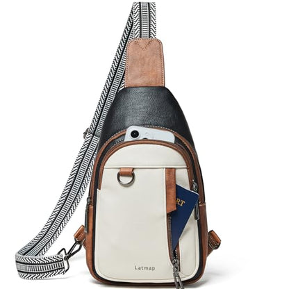 LATMAP 7L Sling Bag for Women Men Leather Small Sling Backpack Daypack Anti Theft Fanny Pack Crossbody Purse Travel - color: Regular Size-black and Brown With Beige