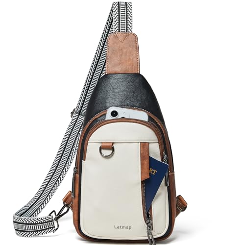 LATMAP 7L Sling Bag for Women Men Leather Small Sling Backpack Daypack Anti Theft Fanny Pack Crossbody Purse Travel - color: Regular Size-black and Brown With Beige