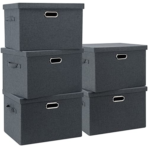 Graciadeco Large 17" 36 Quart Collapsible Stackable Storage Bins with Lids, 5 Packs Dark Gray Foldable Fabric Closet Storage Boxes with Lids Heavy-duty Linen Cube Baskets(17 x 12 x 11) - color: Dark Gray, size: Large -5 Pack