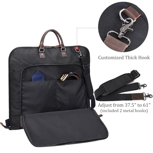 Polare Waxed Canvas Full Grain Leather Trim Garment Carry On Bag for Travel, Foldable Hanging Suitcase Weekender Dust-Proof Garment Waterproof Cover with YKK Zipper and Adjustable Strap (Black) - color: Black