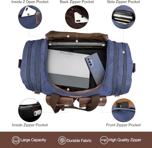 Wildroad 60L Travel Duffel Bag, Expandable Canvas Genuine Leather Duffle Bag Upgraded Overnight Weekender Bag Carry on Bag - color: Blue, size: X Large-60L Duffle Bag