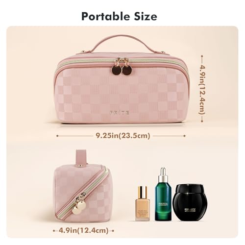 Prite Makeup Bag for Women Travel Waterproof Vegan Leather Cosmetic Bag Open Flat Toiletry Bag With Clear Divider and Handle (Plaid Pink, Medium) - color: Plaid Pink, size: Medium