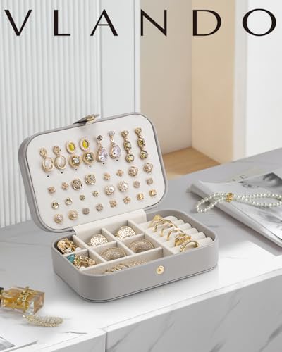 VLANDO Travel Jewelry Case, PU Leather Travel Jewelry Box with Earring Holder, Portable Display Small Jewelry Box for Mothers Day Women Girls Gift - Grey - color: D.Grey