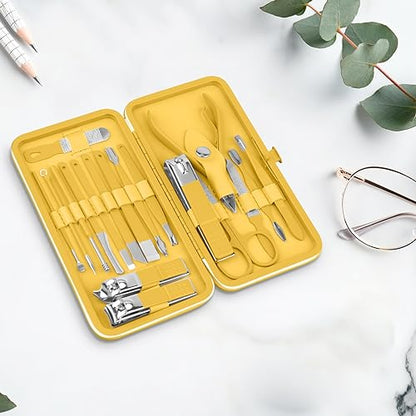 Teamkio 18pcs Manicure Set Pedicure Nail Clippers Set Travel Hygiene Kit Stainless Steel Professional Cutter Care Set Scissor Tweezers Knife Ear Pick Tools Grooming Kits with Leather Case(Yellow） - color: Yellow
