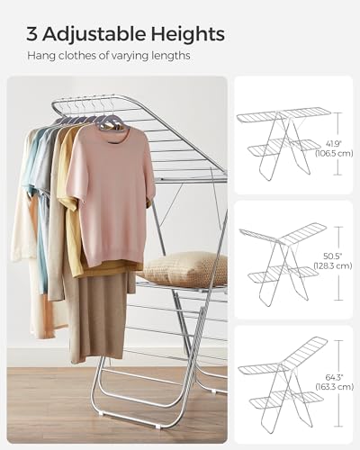SONGMICS Clothes Drying Rack, Foldable 2-Level Laundry Drying Rack, Free-Standing Laundry Airer, with Height-Adjustable Wings, 33 Drying Rails, Sock Clips, Silver and White ULLR053W01V1 - color: Silver + White, size: 2 Tiers（22"d x 61.8"w x 64.3''h )