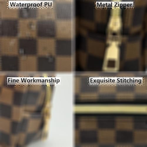 Brown Checkered Makeup Bag Set, Portable with Adjustable Partition, Large Capacity Pouch for Travel Organizer, Makeup Brushes Bag, Waterproof, Toiletries, Designer for Gift( 3Pcs Brown Checkered)