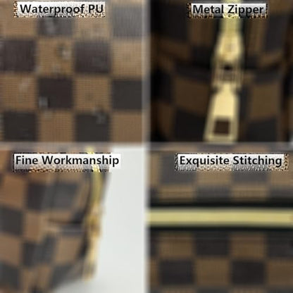 Brown Checkered Makeup Bag Set, Portable with Adjustable Partition, Large Capacity Pouch for Travel Organizer, Makeup Brushes Bag, Waterproof, Toiletries, Designer for Gift( 3Pcs Brown Checkered)