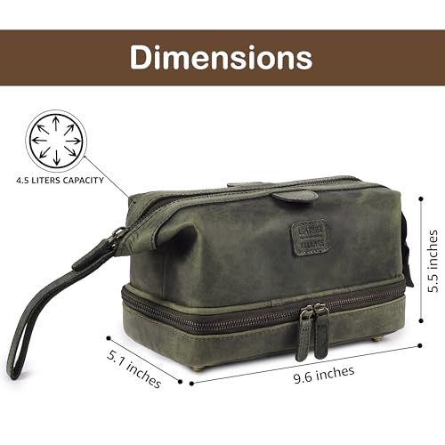 LEATHER VILLAGE Genuine Leather Dopp Kit – Large Travel Toiletry Bag with Waterproof Lining, Dual-Zip Design for Men & Women, Organizer for Shaving, Makeup & Essentials - Olive - color: Olive