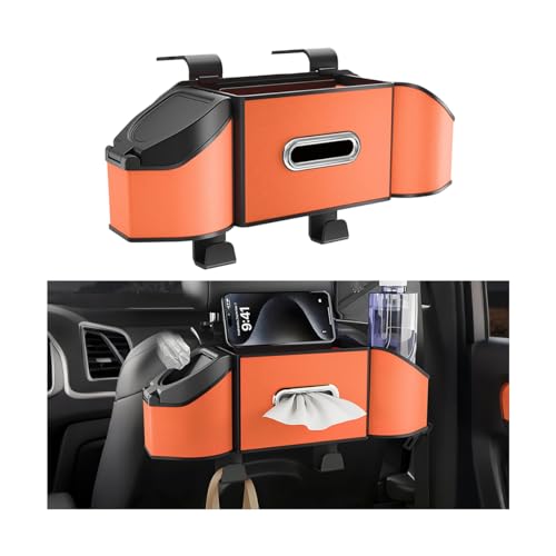 HZEL Car Seat Back Organizer, 7 in 1 Vehicle Backseat Storage Box with Cup Holder Tissue Box Trash Bin & Hooks, Multifunctional Auto Interior Headrest Organizer, Universal for SUV RV Truck (Orange) - color: Orange