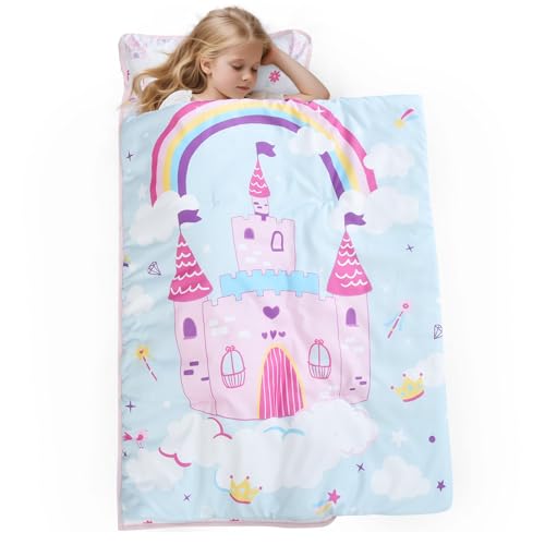 PHF Soft Toddler Nap Mat with Removable Pillow, Rollup Design Kids Sleeping Mat, Slumber Bags for Girls, 50"x20" Toddler Sleeping Bag for Daycare Preschool Travel Camping, Castle - color: Castle