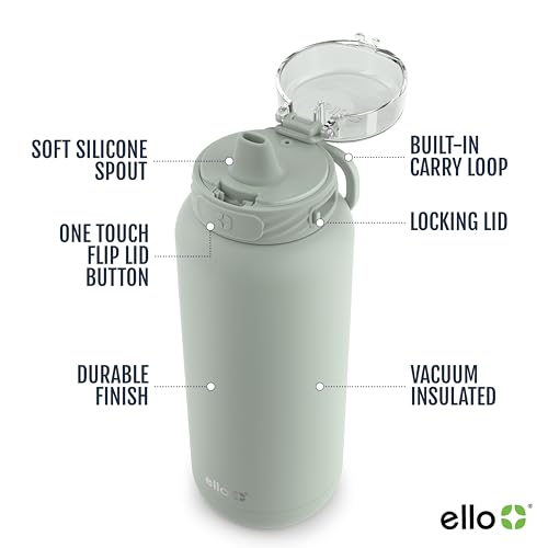 Ello Cooper 32oz Stainless Steel Water Bottle with Straw and Carry Handle, Double Walled and Vacuum Insulated Metal, Leak Proof Locking Lid with Soft Silicone Spout, Reusable, BPA Free, Sage - color: Sage, size: 32 Ounces