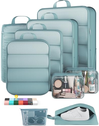 Veken 9/11 Set Compression Packing Cubes for Travel Essentials,Compressible Expandable Large Luggage Suitcase Organizer Bags for Clothing,Durable Space Saver Storage Bags with Toiletry Bags(Blue Gray) - color: Blue Gray, size: 9 set