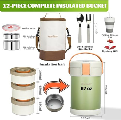 67oz/2L Thermo for Hot Food, 304 Stainless Steel Vacuum Insulated Soup Thermo, Leak-Proof Thermal Lunch Box with 3 Stackable Bento Boxes for Adults Office Travel Camping, Large thermo for hot food - color: green