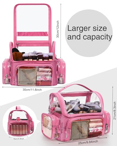 NAONAYA Pink Makeup Brush Bag, Large Makeup Brush Holder Professional Makeup Artist Travel Case Clear Waterproof Cosmetic Organizer Bag, Full Open Easy to Access, with Adjustable Strap and Dividers - color: pink, size: S