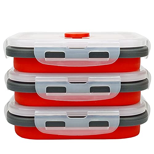 CCyanzi 3piece Collapsible Food Storage Containers with Lids, Silicone Lunch Container, Microwave & Freezer Safe, Space Saving for Kitchen Cabinet and Camping Backpack,(red gray) - color: red with gray