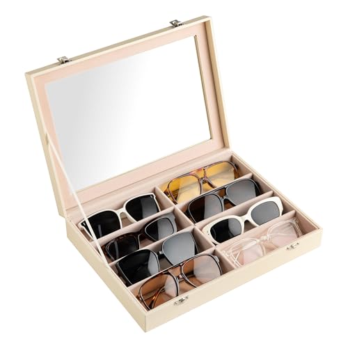 Frebeauty Sunglass Organizer,PU Leather Glasses Organizer,8-Slot Sunglasses Tray with Clear Lid,Men's/Women's Sunglasses Box,Sunglass Case,13.3x9.65x2.48 Inches,Eyeglass/Eyewear Display Tray(Beige) - color: Beige, size: With Lid