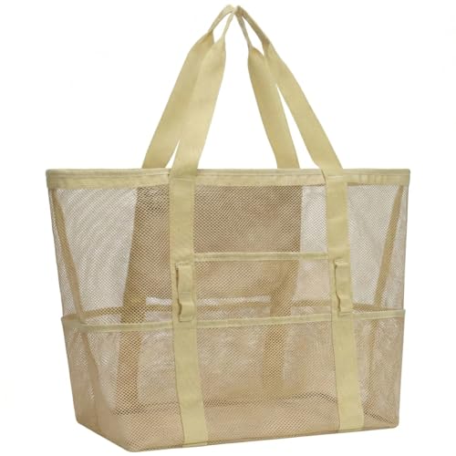 F-color Mesh Beach Bag Family - Large Tote Bag 9 Pockets for Swim Pool Toys Cruise Beach Vacation Essentials - color: Light Khaki, size: Large with Mesh Bottom