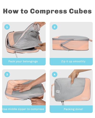 Hynes Eagle 6 Set/ 4 Set/ 2 Set Compression Packing Cubes Travel Essentials Lightweight Nylon Luggage Suitcase Organizer Bag Light Pink 4PCS - color: Light Pink-4 PCS