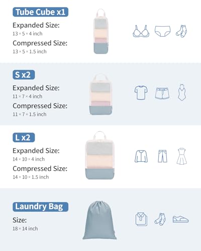 Narwey 6 Set Compression Packing Cubes for Travel Women Men, Travel Cubes for Carry On Suitcase, Durable Compression Luggage Organizer Bags - color: Grayish Blue