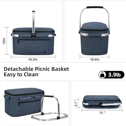 ALLCAMP Picnic Basket - 2 Ice Box Included 32L Insulated Cooler, Thickening Foldable Picnic Basket with Removable Baskets & Sewn-in Frame, Basket for House Warming Gifts New Home(Blue) - color: Blue, size: Large