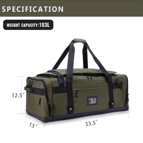 Large Duffle Bag for Travel - Men & Women, Foldable Gym Duffle Backpack, Heavy Duty Tactical Military Canvas Duffel Bags, Extra Big Carry On with Shoe Pockets, Waterproof (80L/103L) - color: Army Green, size: L(103L)
