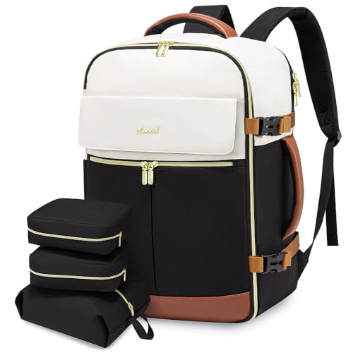 LOVEVOOK Travel Backpack for Women, TSA Carry On Backpack Flight Approved Luggage, 30L Water Resistant Personal Item Daypack Large Weekender Bag fit 15.6 inch Laptop with 3 Cubes, Beige-black-brown - color: Beige-black-brown, size: 35L-15.6 Inch-4Pcs