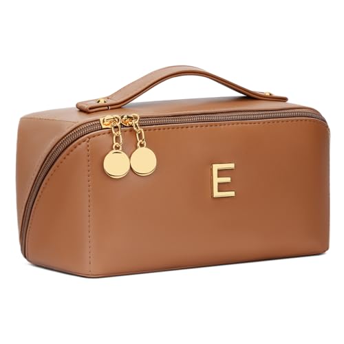Initial Makeup Bag Gifts for Women Bridesmaid Gifts Travel Toiletry Personalized PU Leather Waterproof Cosmetic Bag (Medium-Brown-E) - color: MediumBrown, style: E