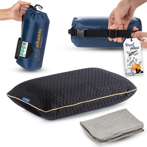 alkamto Travel & Camping Comfortable Memory Foam Pillow – Easy to Carry Portable Bag – Temperature Regulating Pillow Case (Black + Extra Cover) - size: Black Travel + Extra Cover