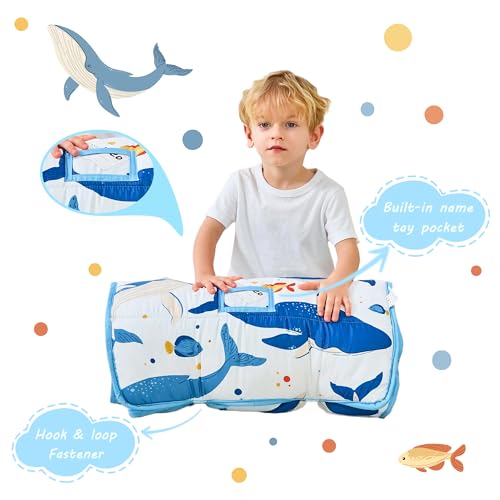 Lasoftan Toddler Nap Mat with Pillow and Blanket, Extra Large Rolled Napping Mats,Slumber Bags for Boys Girls,Kids Sleeping Bag for Daycare, Preschool Travel Camping - color: Ocean Whale