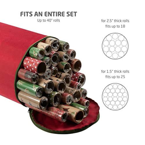 ZOBER Round Christmas Gift Wrapping Paper Organizer Storage - 40 Inch Gift Wrap Storage Containers - Wrapping Paper Holder, Waterproof, Fits 25 Standard Rolls - Red - color: Red and Green Fabric Round