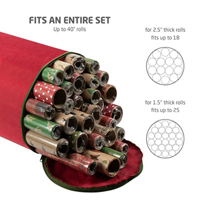 ZOBER Round Christmas Gift Wrapping Paper Organizer Storage - 40 Inch Gift Wrap Storage Containers - Wrapping Paper Holder, Waterproof, Fits 25 Standard Rolls - Red - color: Red and Green Fabric Round