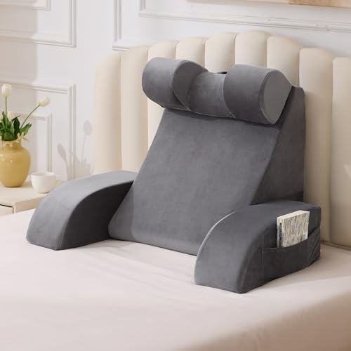 Reading Pillow for Sitting in Bed Adult, Back Pillow for Bed Sitting up, Backrest Pillow with Arms, Back Support Pillows for Gaming Lounging Watching TV, Large 21" Grey - color: Grey, size: Large (Above 5'10")