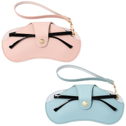 2 Pcs Soft Leather Sunglasses Bags Travel Glasses Storage Case Portable Eyeglasses Pouch with Wrist Strap - color: Pink Blue