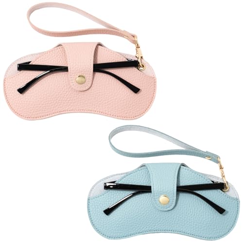 2 Pcs Soft Leather Sunglasses Bags Travel Glasses Storage Case Portable Eyeglasses Pouch with Wrist Strap - color: Pink Blue