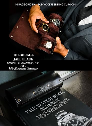 Watch Roll Case Organizer - Watch Travel Case for Men and Women - 3 Watch Carrying Case and Display - Jade Black with Mahogany Brown Interior Vegan Leather - color: Jade Black 3-watch case