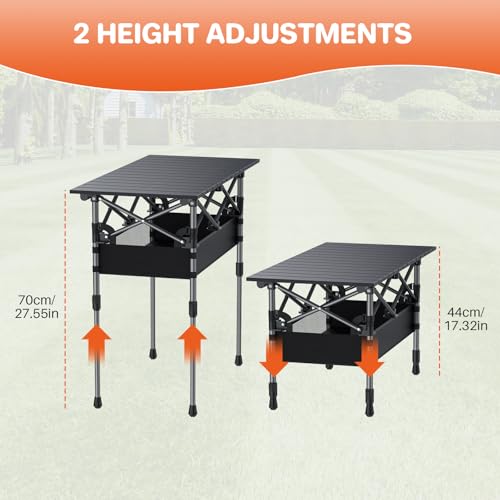 FUNYKICH Folding Camping Table(L32.3''xW15.7''), Aluminum Roll-up Portable Picnic Table with 2 Adjustable Height, Large Storage and Carrying Bag for Picnic, Camping, BBQ, Party, Backyard, Beach - size: 32.3''L x 15.7''W x (17.3''/27.6'')H