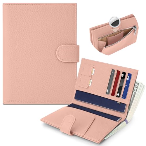 Genuine Leather Passport Holder for Women Men, Hidden Airtag Pocket, RFID Blocking, Zippered Coins Pocket & Cash Compartment Travel Gifts Essentials Passport Cover Case - Pink - color: Pink