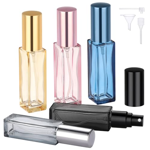 Segbeauty 0.34oz Small Perfume Bottle Refillable, 5 Packs Portable Glass Perfume Atomizer Sprayer, 10ml Mini Cologne Bottles Empty, Travel Size Cologne Spray Bottle with Dispenser Transfer Tools - color: Black Pink Gold Gray Blue, style: Mini Bottles