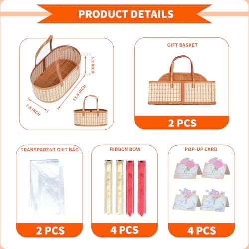 OCMML 2 Set Baskets for Gifts Empty, Foldable Bamboo Gift Basket Kit with Handles, Large Woven Empty Fruit Basket for Christmas, Housewarming, Birthday Party Fillers (13.8"X 7.9" X 6.0")