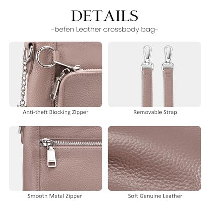 befen Anti Theft Genuine Leather Crossbody Bags for Women Handbags and Shoulder Basg with Built in Wallet RFID Leather Purse - color: Pink
