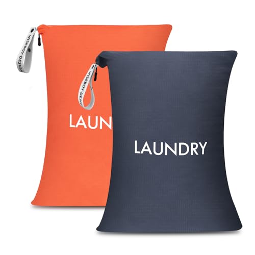 WiseBoy 2 Pack Travel Laundry Bags for Dirty Clothes, Water-Resistant Nylon Wet Dry Bag with Zipper, Odor-Proof Washable Pouch for Gym, Swimming, College Dorm & Suitcase Organization - color: Navy Blue/Orange