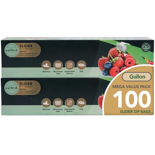 Seal Fresh Gallon Slider Storage Bags 100 Pack — Reusable Freezer Bags with Expandable Bottom, BPA Free, Microwave Safe, Clear Gallon Food Storage Bags - color: Value Pack, size: 8 Pints
