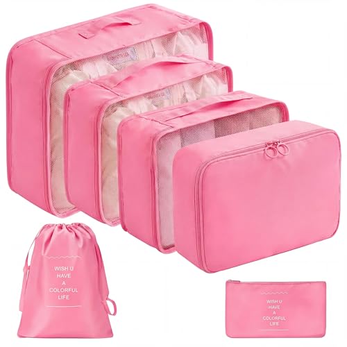 LANSKLBD 6 Set Packing Cubes for Suitcases Travel Luggage Packing Organizers,Travel Accessories Essentials Luggage Organizer with Shoe/Tioletry/Laundry Bag (Pink, 6 set) - color: Pink, size: 6 set