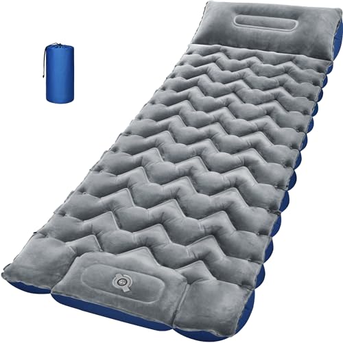 Sleeping Pad for Camping, Ultralight 4in Extra-Thick Camp Mat with Built-in Foot Pump & Pillow, Compact Camp Air Mattress for Backpacking, Hiking, Tent, Car, Travel Gear Gift - color: Crystal Velvet Grey+blue Nylon