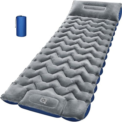 Sleeping Pad for Camping, Ultralight 4in Extra-Thick Camp Mat with Built-in Foot Pump & Pillow, Compact Camp Air Mattress for Backpacking, Hiking, Tent, Car, Travel Gear Gift - color: Crystal Velvet Grey+blue Nylon