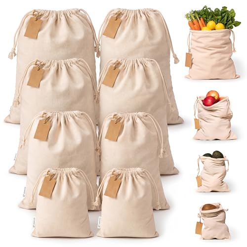 LEAFICO Muslin Cloth Bags with Drawstrings - Set of 8 (S, M, L, XL) - Reusable Natural Cotton Bags for Bulk Food Storage - Canvas Fabric Sachets - size: Set of 8 Mixed (S,M,L,XL)