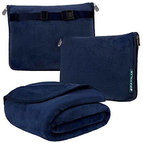 PAVILIA Travel Blanket Pillow, Soft Airplane Blanket 2-IN-1 Combo Set, Plane Blanket Compact Packable, Flight Essentials Car Pillow, Travelers Gifts Accessories Luggage Backpack Strap, 60x43 Navy Blue - color: Navy