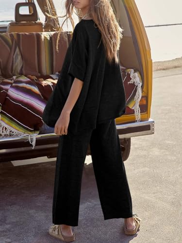 Tankaneo Women's 2 Piece Travel Outfits Casual Short Sleeve Knit Sweater Set Wide Leg Pants Lounge Sets Tracksuit - color: Black, size: Large
