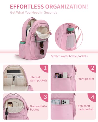 ECOHUB Travel Backpack for Women, 17.3 inch Suspended Laptop Backpack, Fashion Water-Resistant College Computer Bookbag, 28L Personal Item Bag with 12 Pockets for Causal, Work, Pink - color: Pink